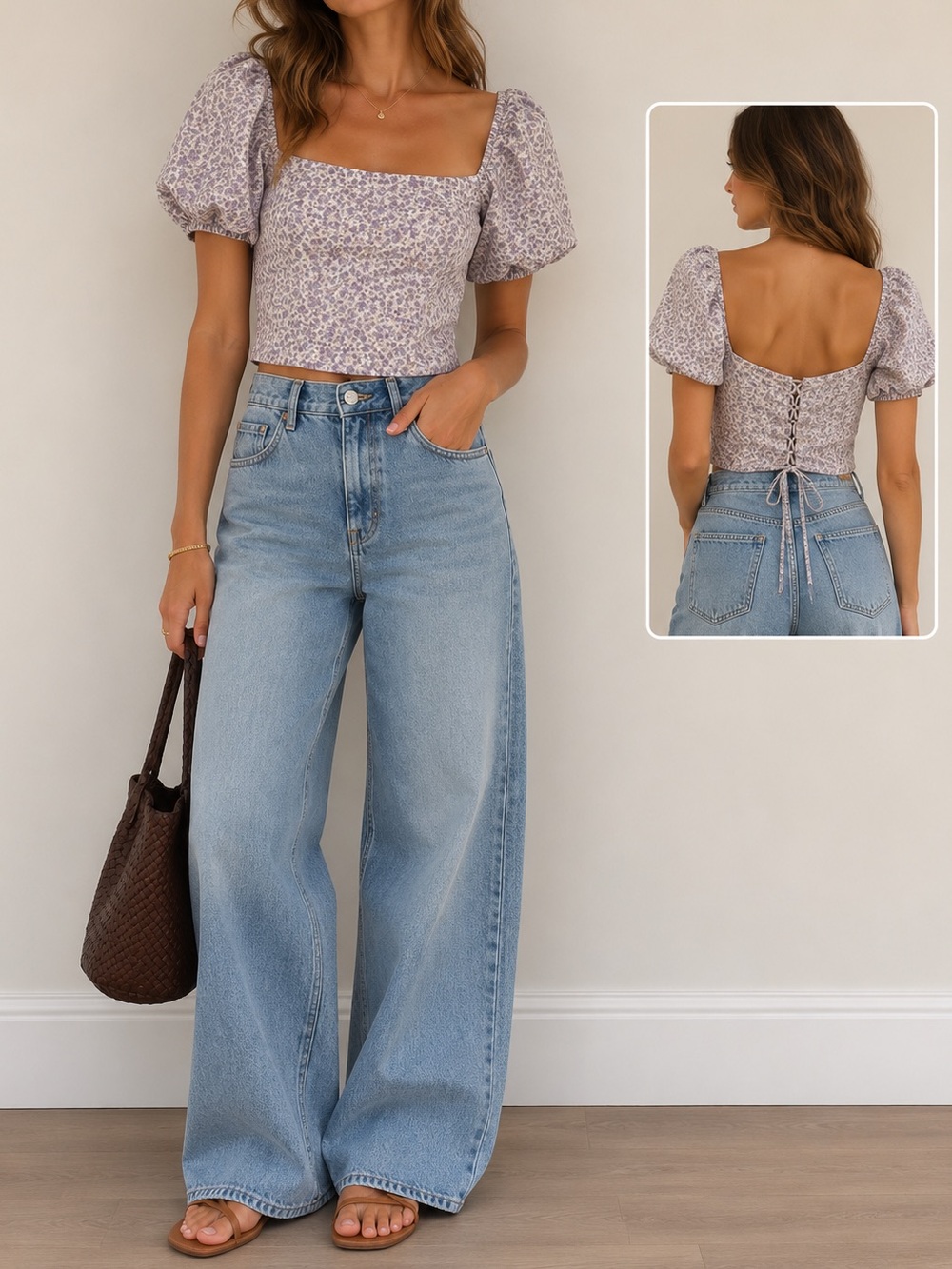 EUC Sophie Rue Lavender Ditsy Floral Lace Up Cotton Crop Blouse size S
